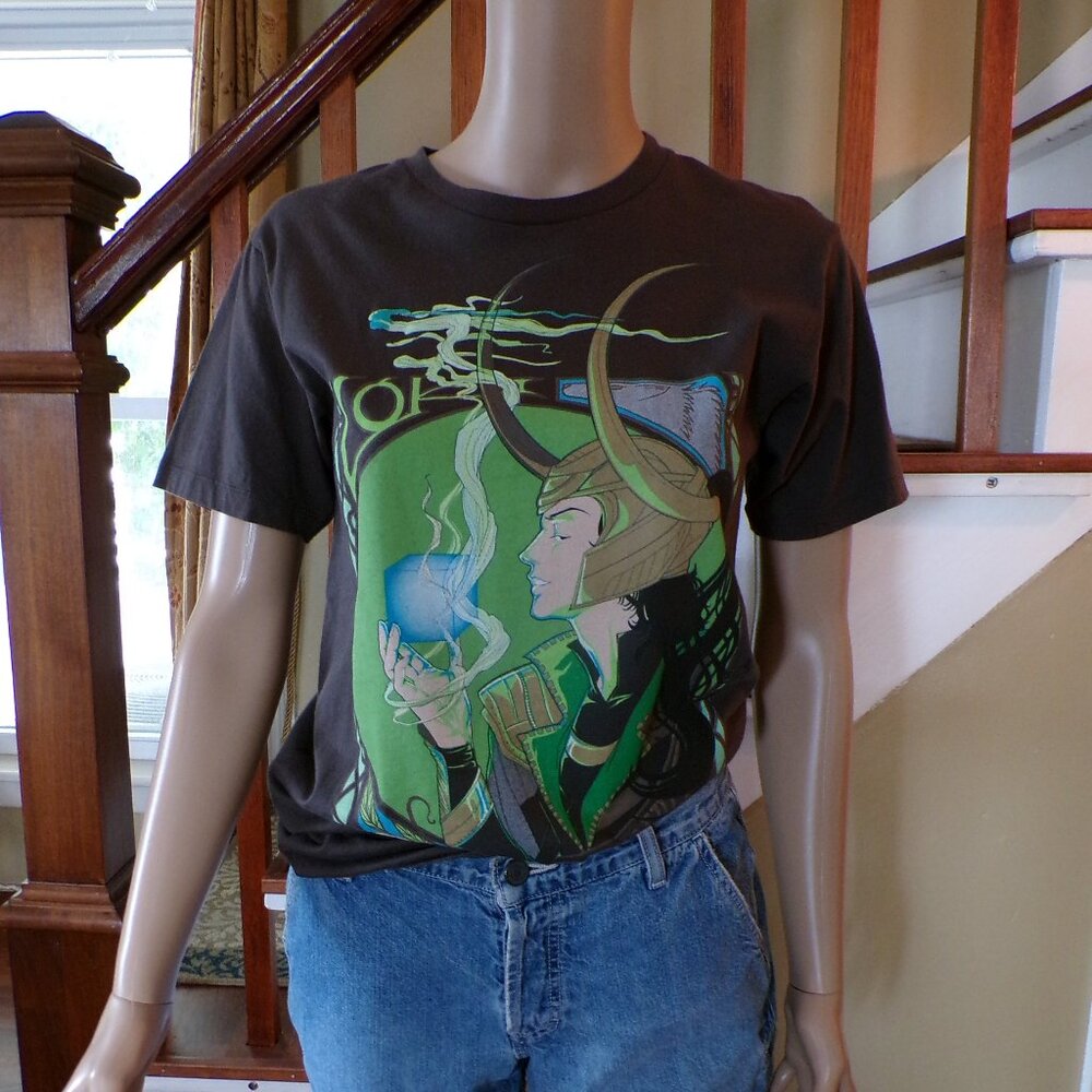 MARVEL Women's Loki Mischief Graphic Tee Shirt Taupe Short Sleeve - Small